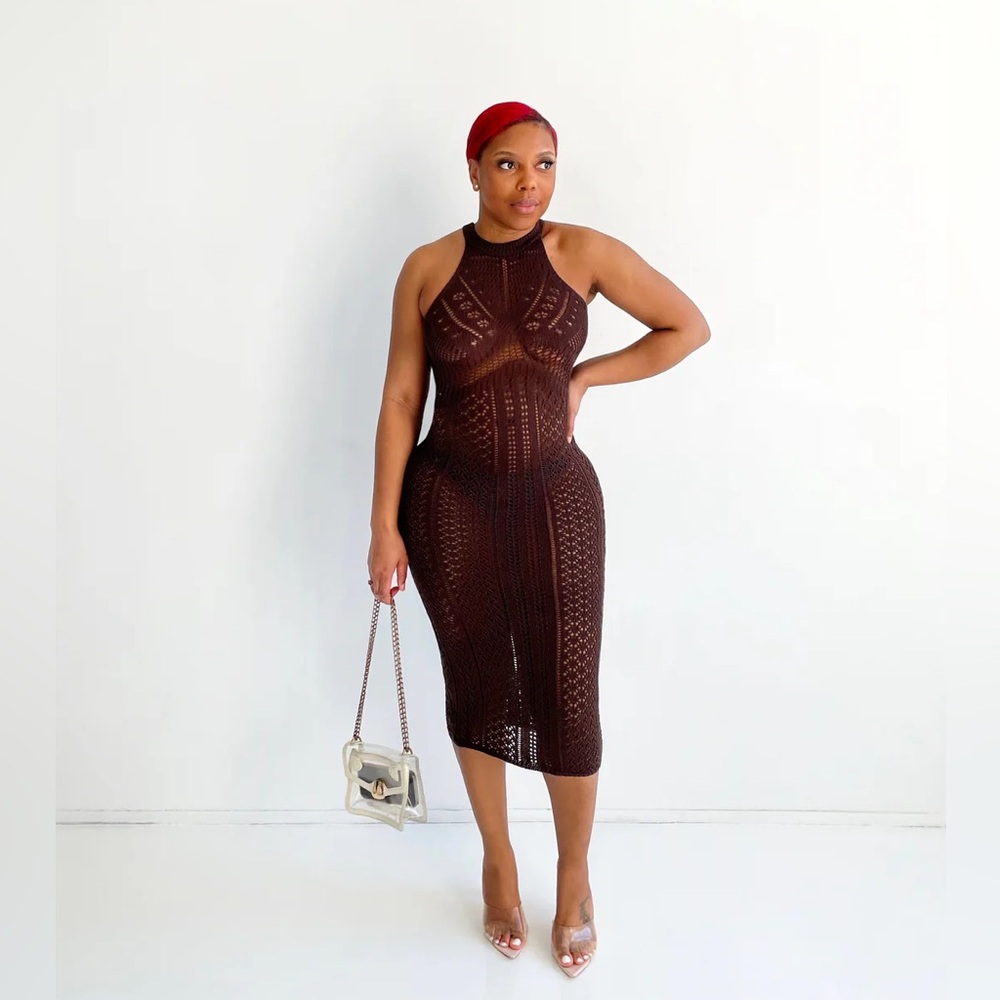 Open Knit Sweater Racer Dress in Brown